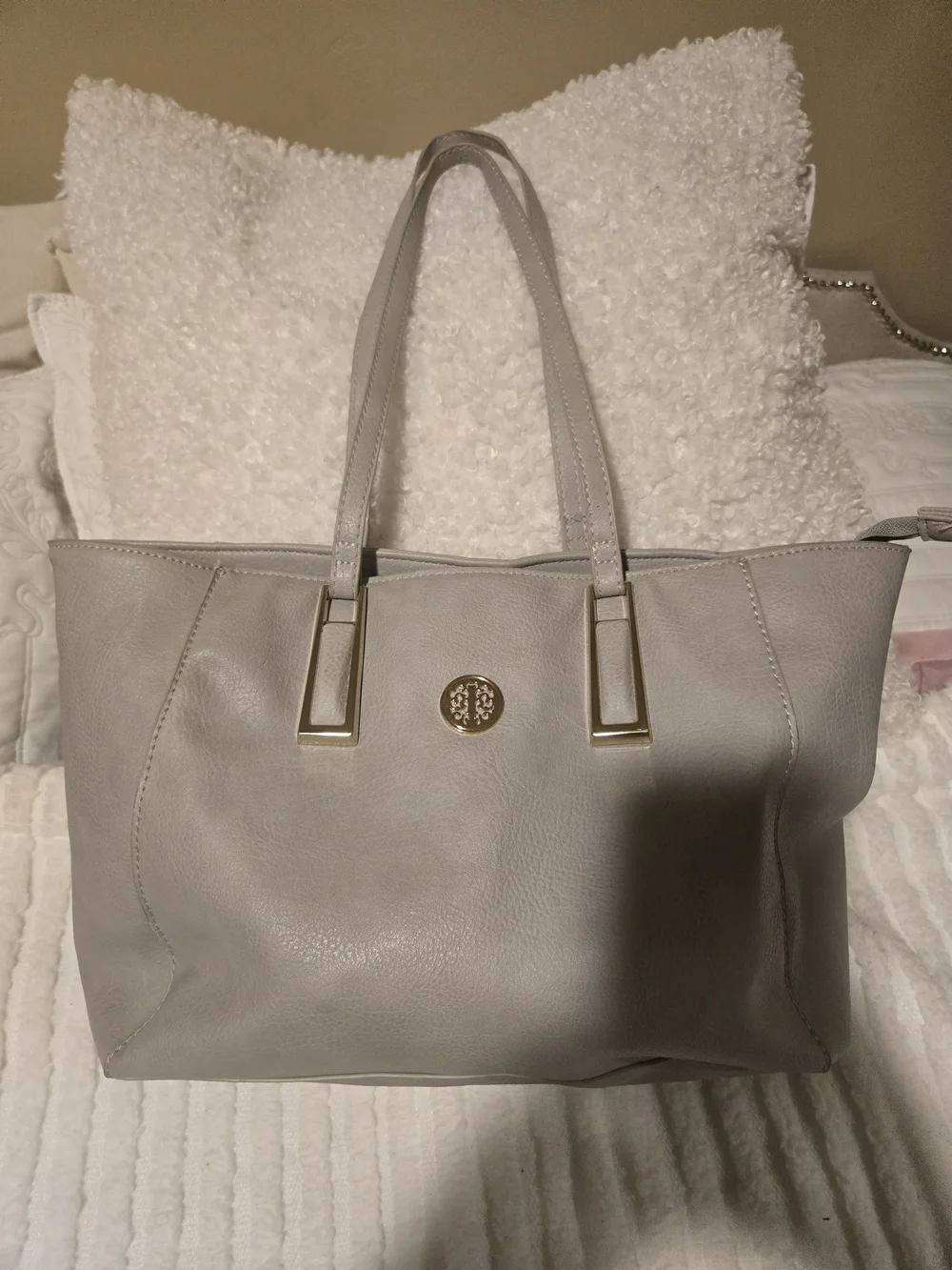 Gray Women's Tote Handbag with Gold Accent